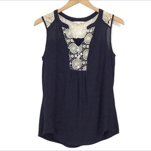 Parallel Skies Navy Blue With Lace Detail Tank Top Size Small